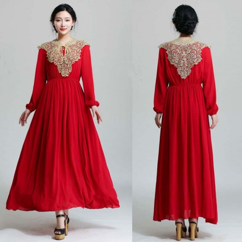 Red Long Sleeves Tribal Long Dress (Size L)